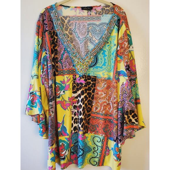 Melissa Paige Womens Shirt Top Beaded Neckline Blouse Sz 4XL 3/4 Sleeve V Neck - Picture 2 of 12